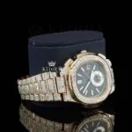 Baguette Diamond Bezel Black Dial Two Tone Moissanite Diamond Watch Right Profile View