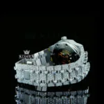 Baguette Diamond Markers White Dial Fully Iced Out AP Moissanite Watch Right Side Bracelet View