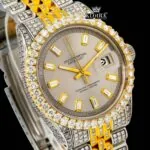 Beige Dial Diamond Markers Two Tone Fully Iced Moissanite Diamond Watch Close Up Dial View