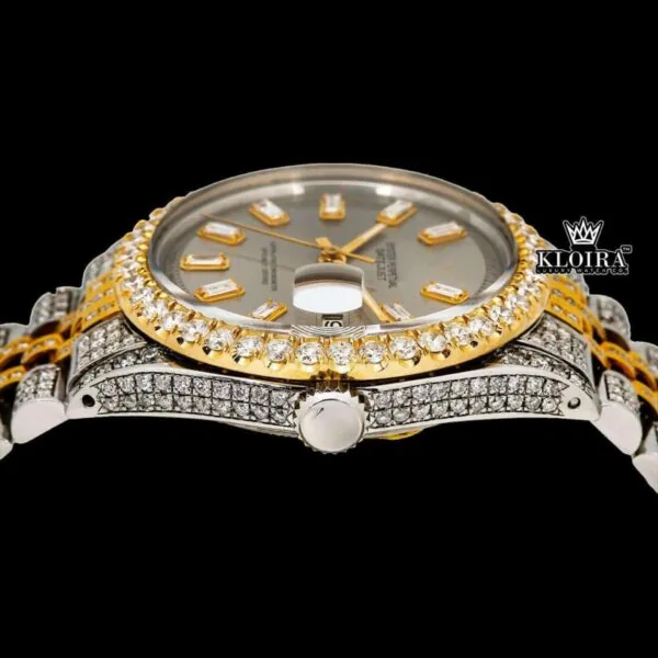 Beige Dial Diamond Markers Two Tone Fully Iced Moissanite Diamond Watch Crown View