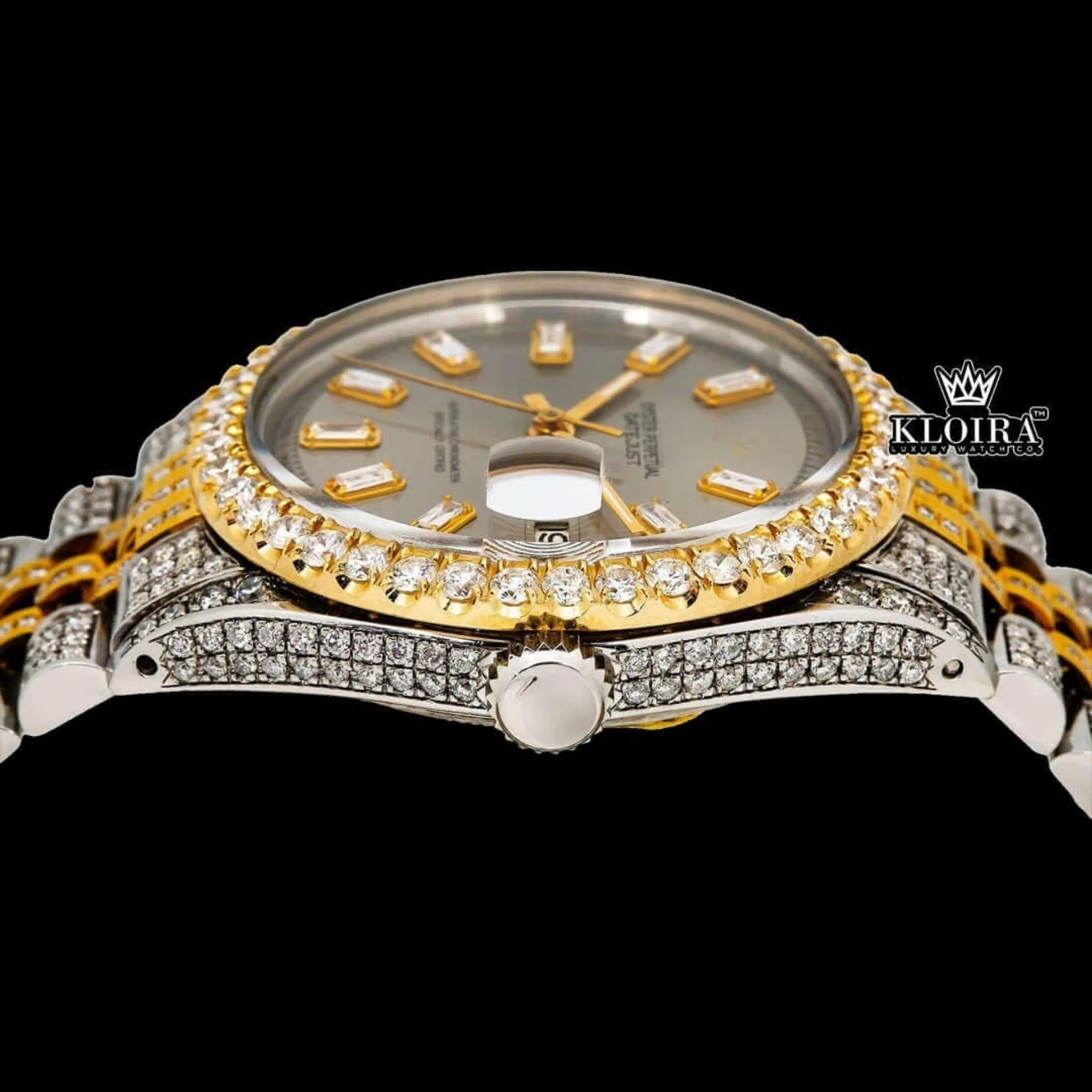 Beige Dial Diamond Markers Two Tone Fully Iced Moissanite Diamond Watch Crown View