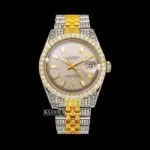 Roles Beige Dial Moissanite Watch with Diamond Markers Front View