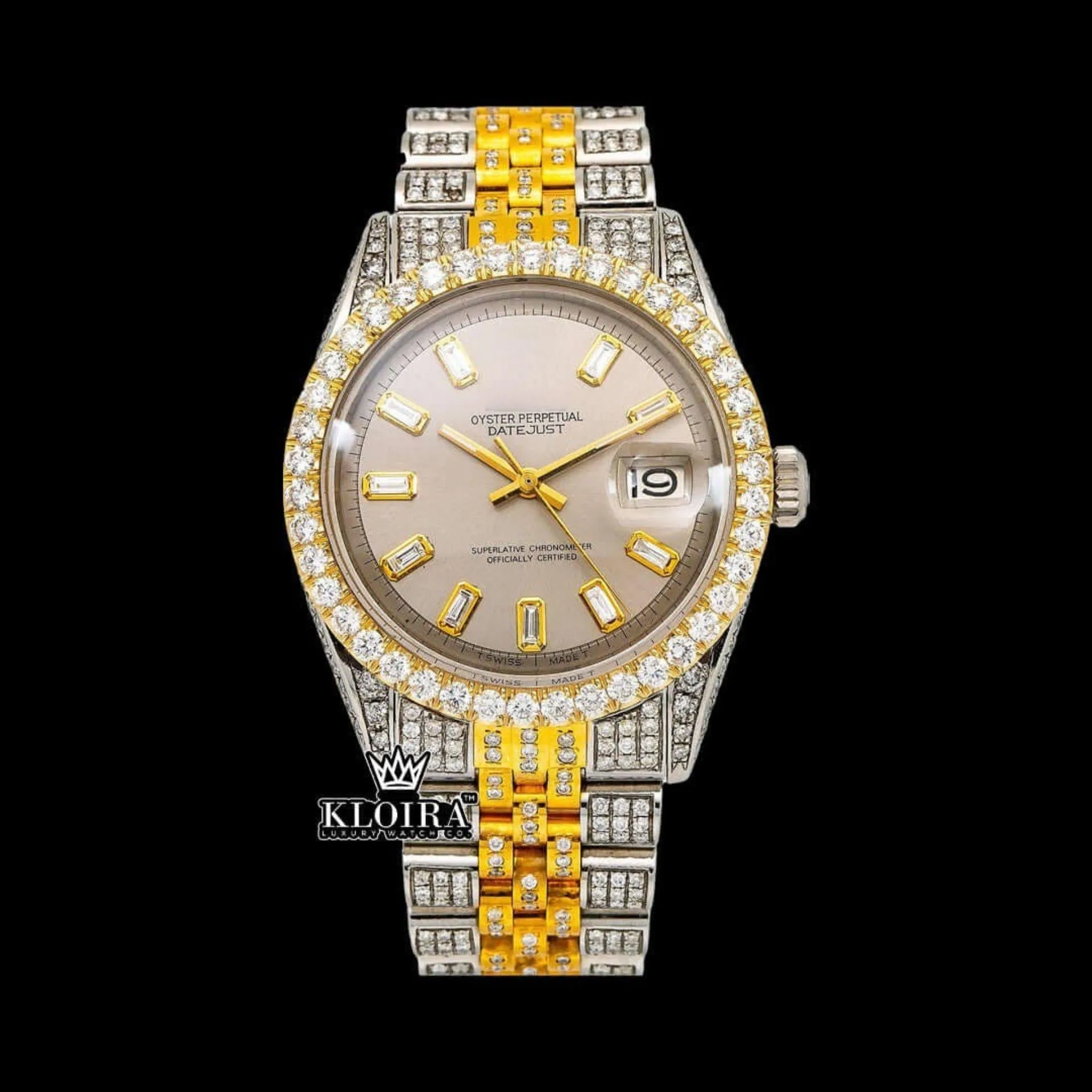 Roles Beige Dial Moissanite Watch with Diamond Markers Front View