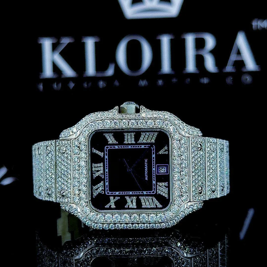 Cartior Roman Numerals Purple Dial Moissanite Watch with Iced-Out Design