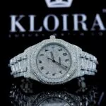 AP Royal Oak Fully Iced Out Moissanite Diamonds Watch showcasing a black Arabic dial and iced-out bracelet.
