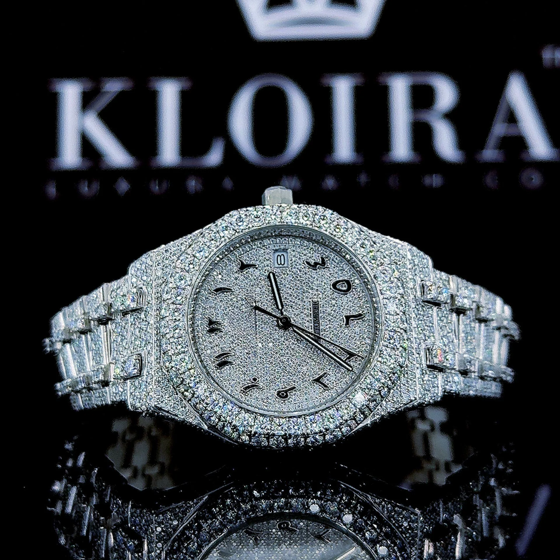 AP Royal Oak Fully Iced Out Moissanite Diamonds Watch showcasing a black Arabic dial and iced-out bracelet.