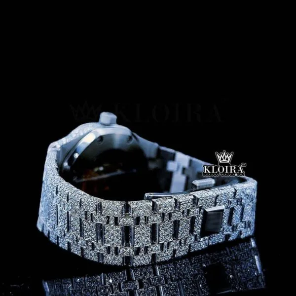 Black Arabic Numeral white Dial Fully Iced Moissanite Diamond Watch Caseback View