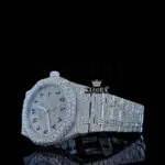 Black Arabic Numeral white Dial Fully Iced Moissanite Diamond Watch Left Profile View