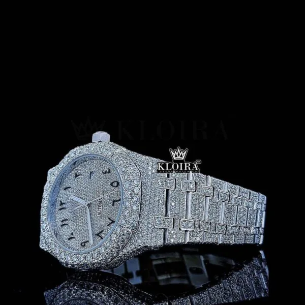 Black Arabic Numeral white Dial Fully Iced Moissanite Diamond Watch Left Profile View