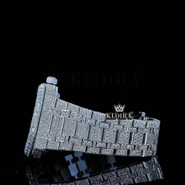 Black Arabic Numeral white Dial Fully Iced Moissanite Diamond Watch Left Side Bracelet View