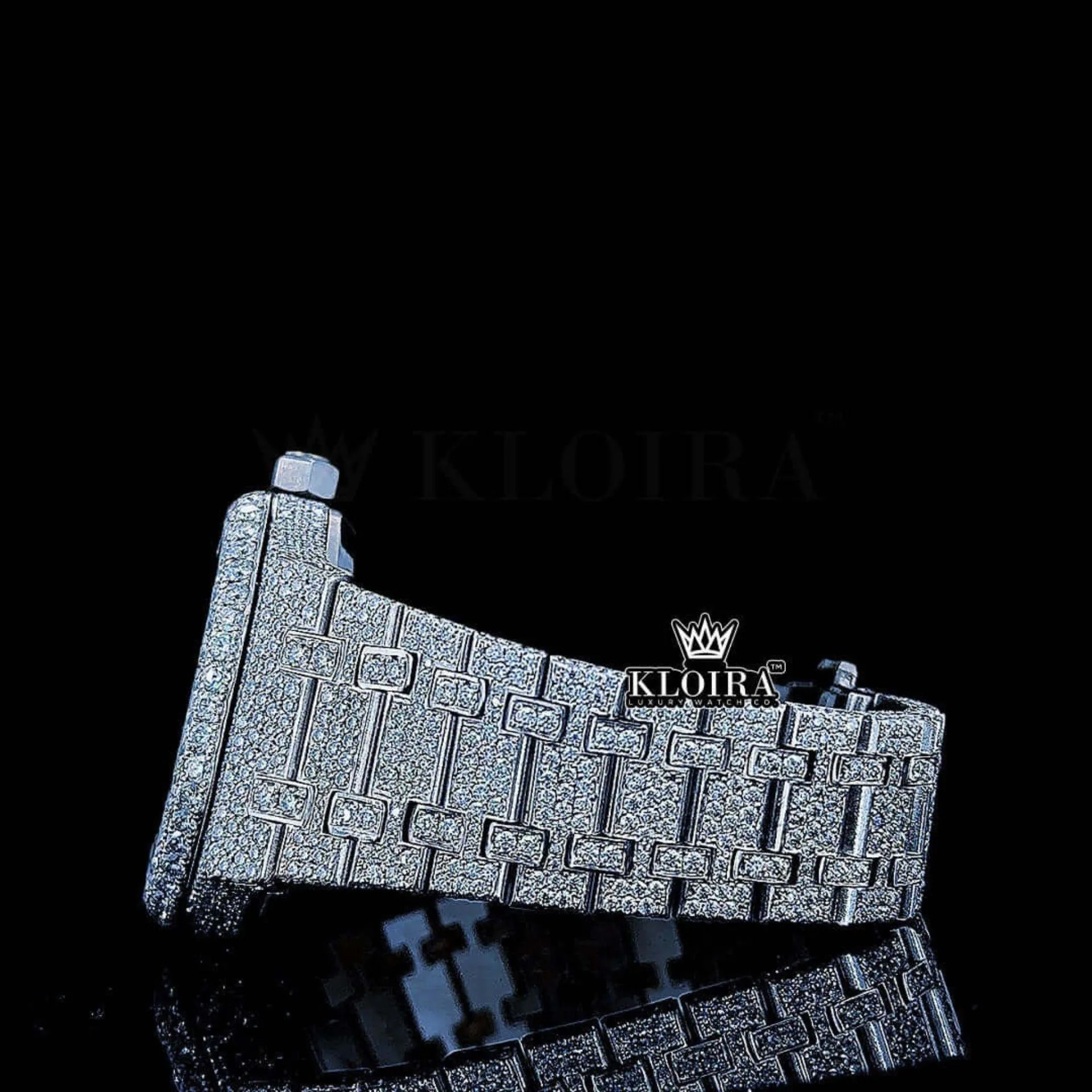 Black Arabic Numeral white Dial Fully Iced Moissanite Diamond Watch Left Side Bracelet View