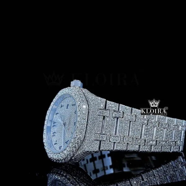 Black Arabic Numeral white Dial Fully Iced Moissanite Diamond Watch Left Side View