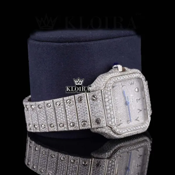 Black Arabic Numerals Bust Down White Dial Moissanite Diamond Watch Close Up Dial View