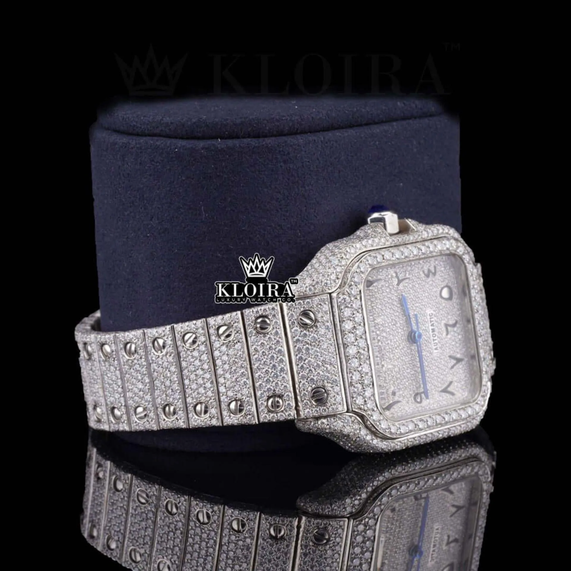 Black Arabic Numerals Bust Down White Dial Moissanite Diamond Watch Close Up Dial View