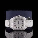 Black Arabic Numerals Bust Down White Dial Moissanite Diamond Watch Close Up Front View