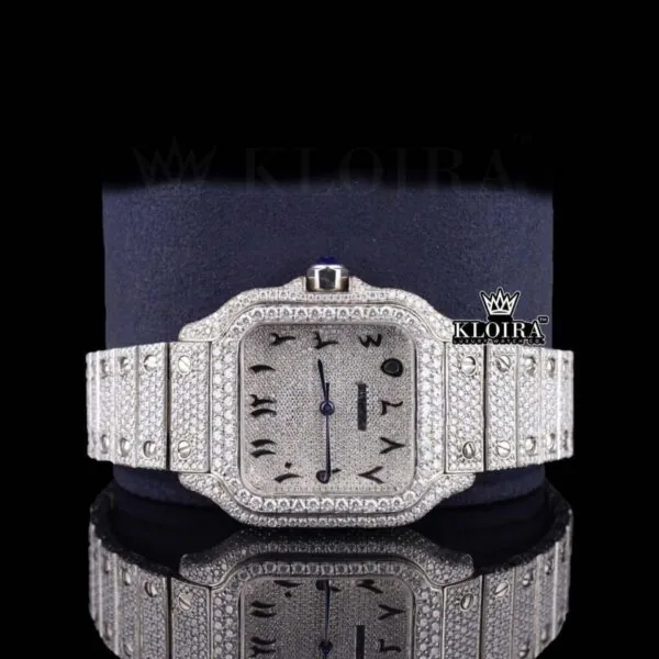 Black Arabic Numerals Bust Down White Dial Moissanite Diamond Watch Close Up Front View