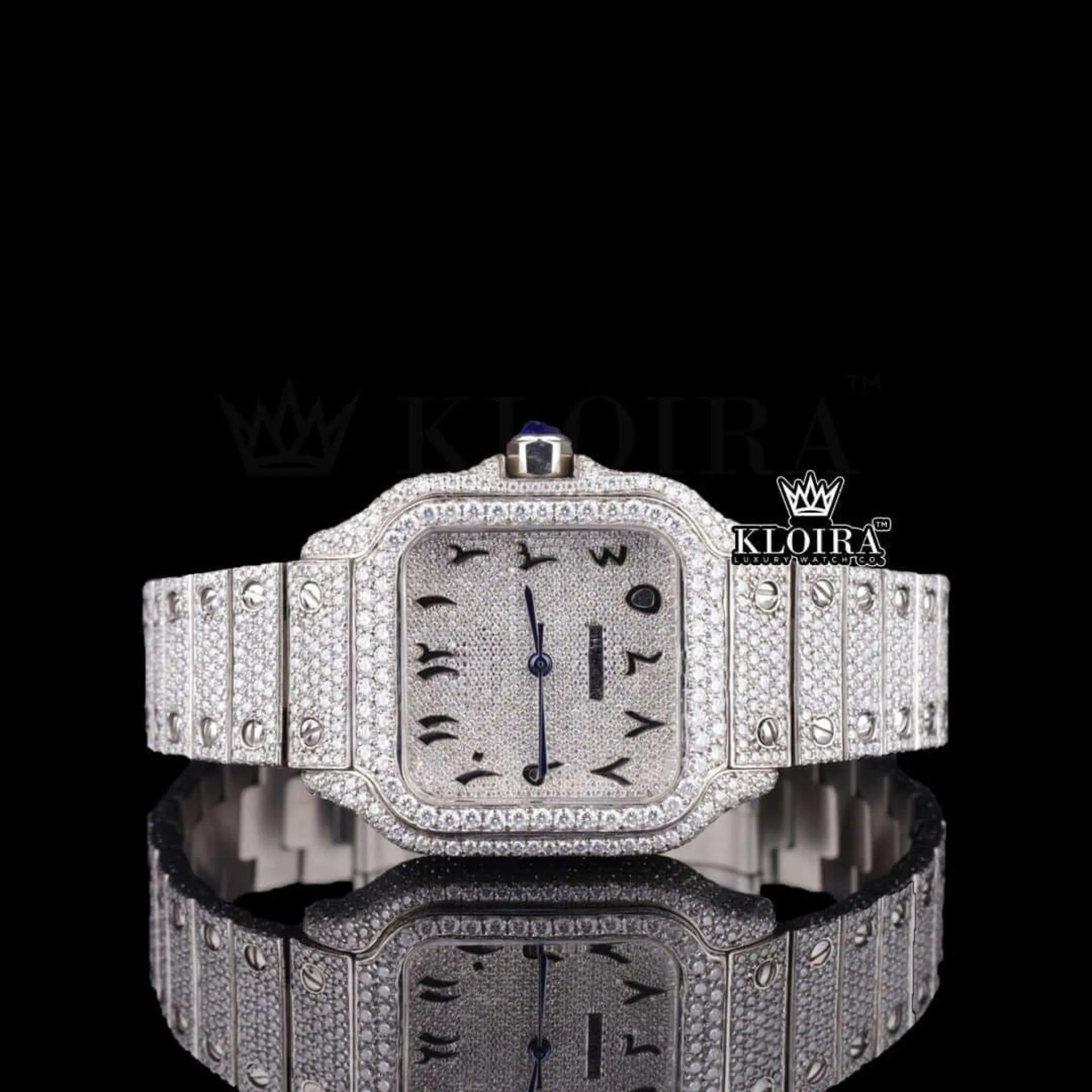 Cartior Black Arabic Numerals Bust Down Moissanite Watch with White Dial