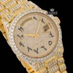 Black Arabic Numerals Dial Day Date Display Yellow Gold Moissanite Watch Close Up Dial View