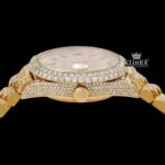 Black Arabic Numerals Dial Day Date Display Yellow Gold Moissanite Watch Crown View