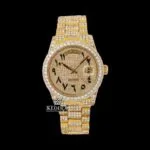Roles Day-Date Moissanite Watch in yellow gold with Arabic numerals