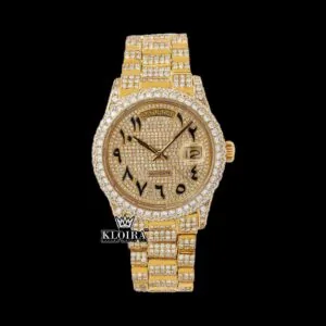 Roles Day-Date Moissanite Watch with Yellow Gold and Arabic Numerals