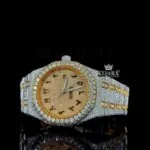 Black Arabic Numerals Dial Two Tone Yellow Gold Natural Diamonds Watch Close Up Dial View