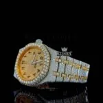 Black Arabic Numerals Dial Two Tone Yellow Gold Natural Diamonds Watch Left Profile View