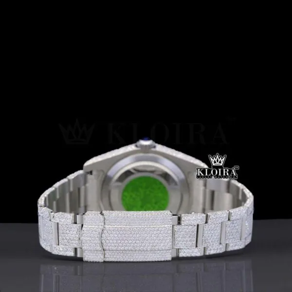 Black Arabic Numerals White Dial Fully Iced Out Moissanite Watch Caseback View