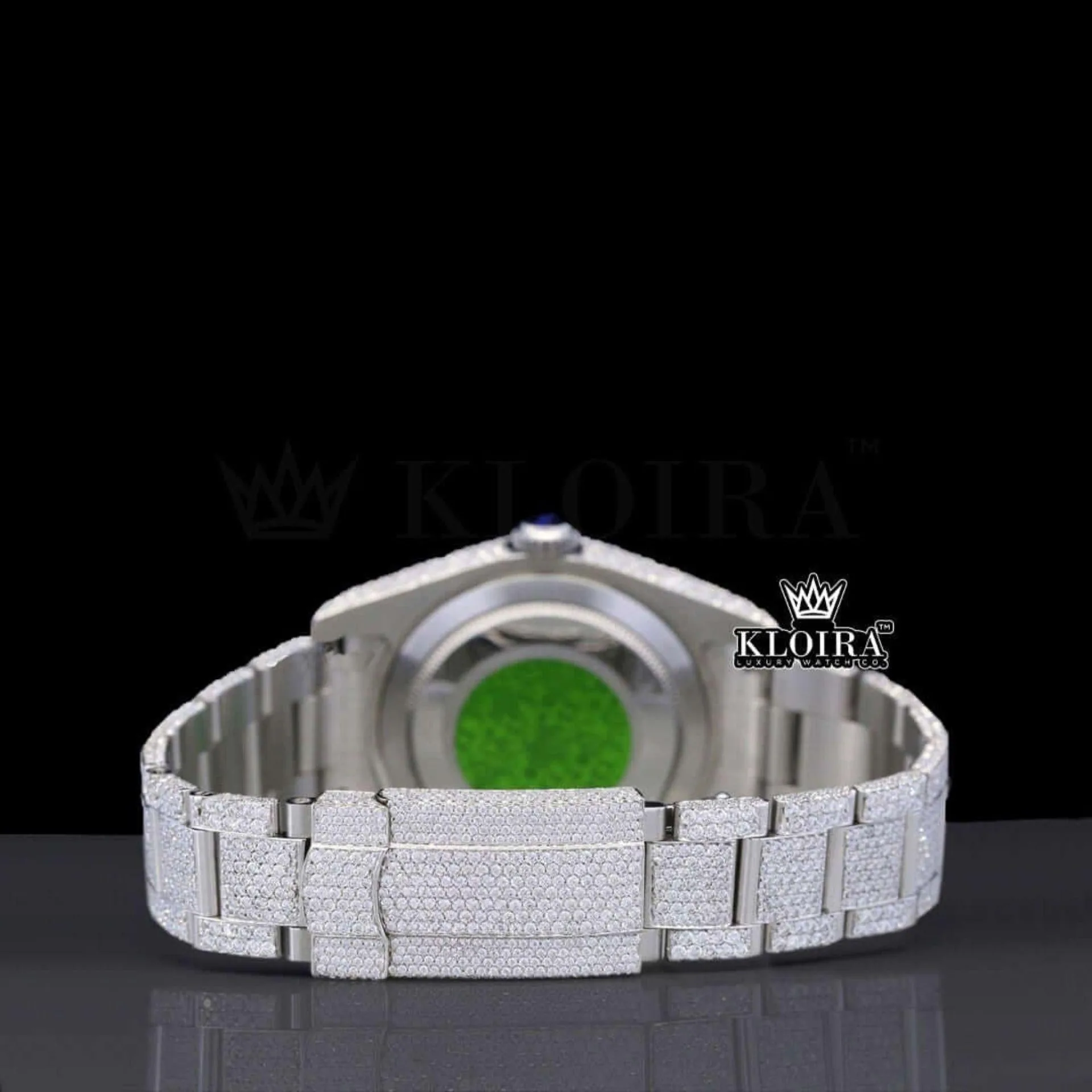 Black Arabic Numerals White Dial Fully Iced Out Moissanite Watch Caseback View