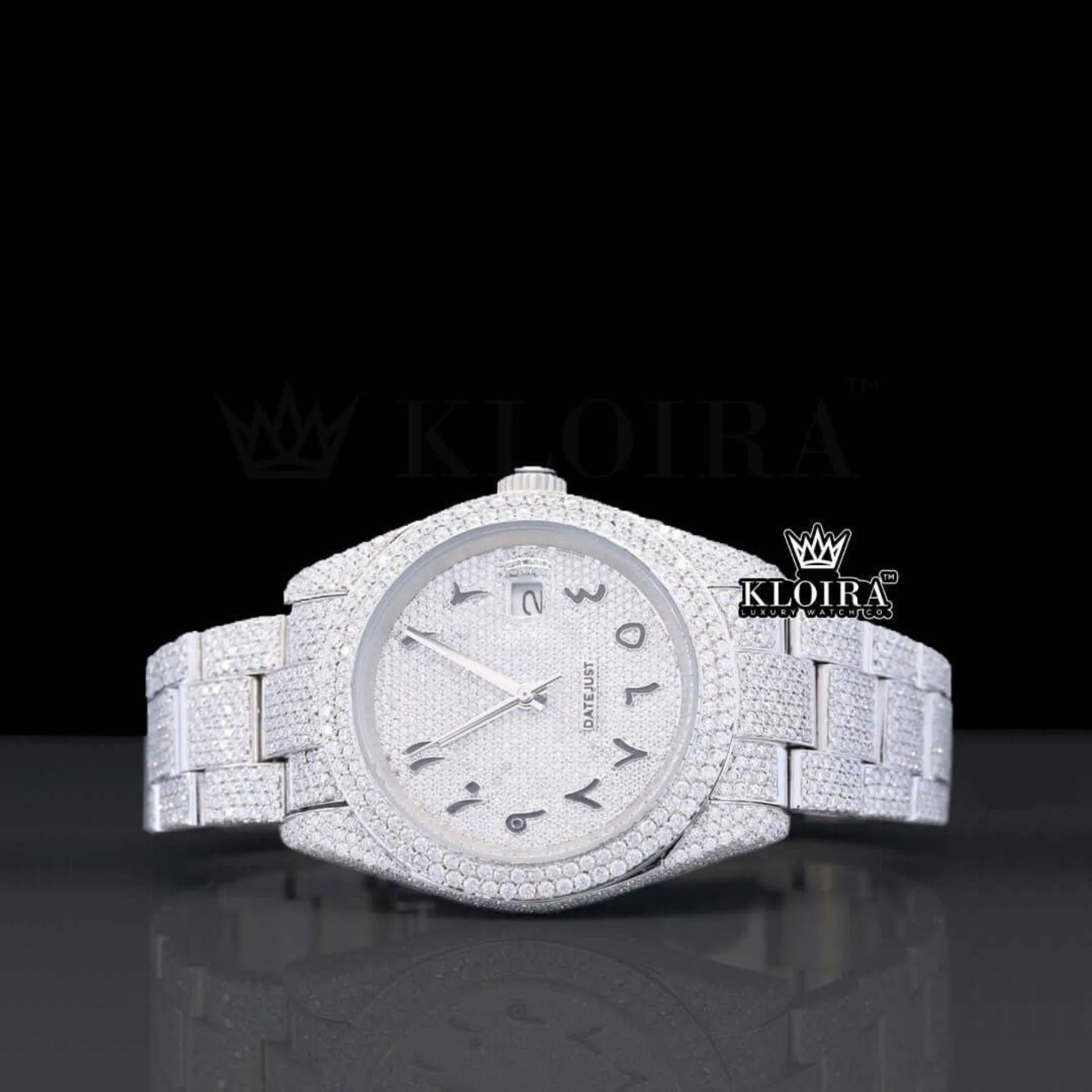 Roles Black Arabic Numerals White Dial Fully Iced Out Moissanite Watch showcasing its exquisite design
