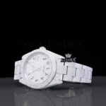Black Arabic Numerals White Dial Fully Iced Out Moissanite Watch Left Profile View