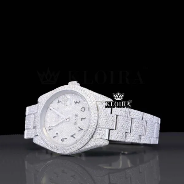 Black Arabic Numerals White Dial Fully Iced Out Moissanite Watch Left Profile View
