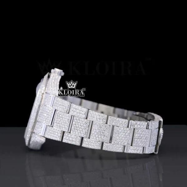 Black Arabic Numerals White Dial Fully Iced Out Moissanite Watch Left Side View