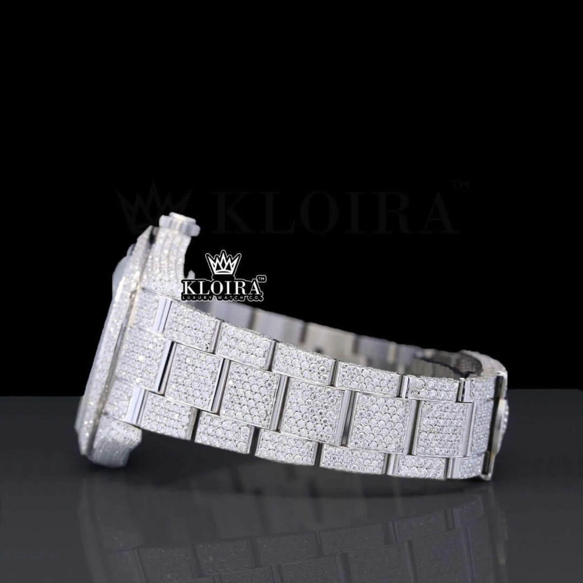 Black Arabic Numerals White Dial Fully Iced Out Moissanite Watch Left Side View