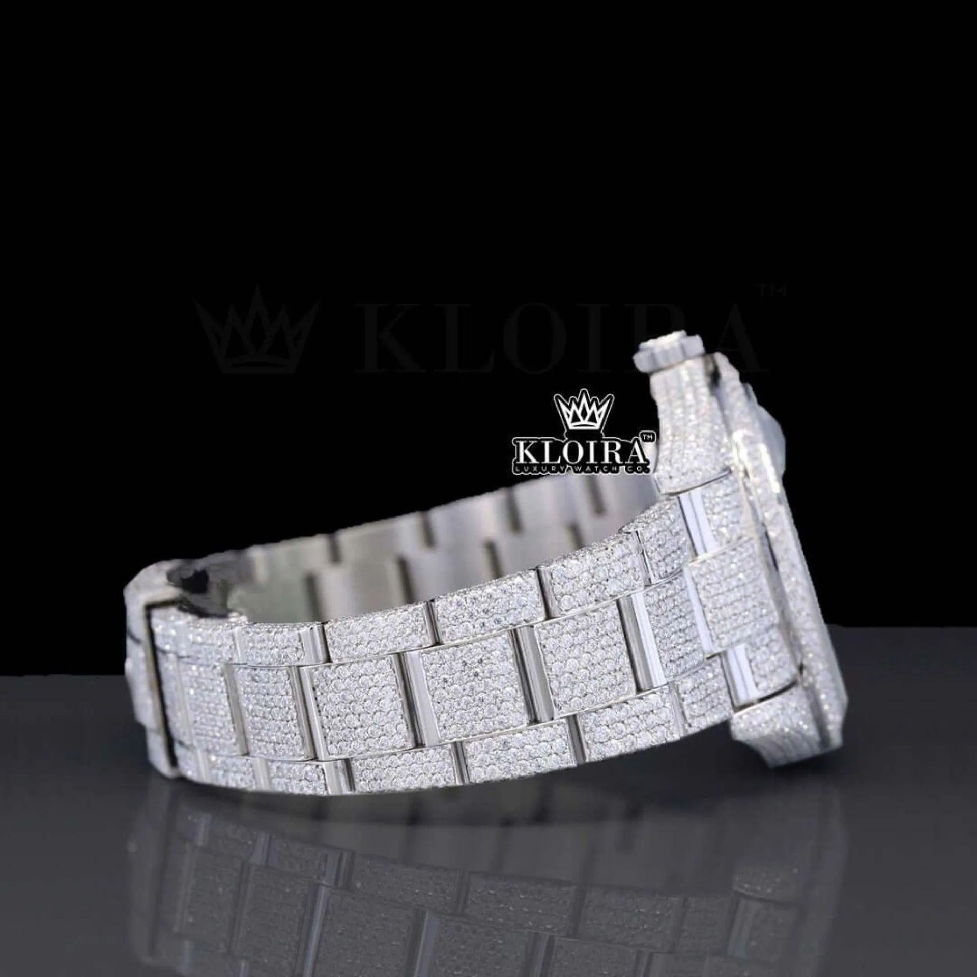 Black Arabic Numerals White Dial Fully Iced Out Moissanite Watch Right Side View