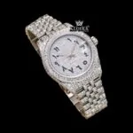 Black Arabic Numerals White Gold Iced Out Moissanite Diamond Watch Close Up Dial View
