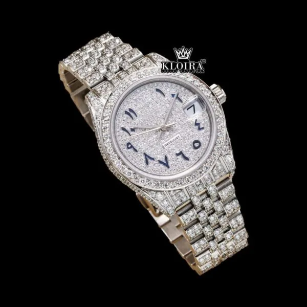 Black Arabic Numerals White Gold Iced Out Moissanite Diamond Watch Close Up Dial View