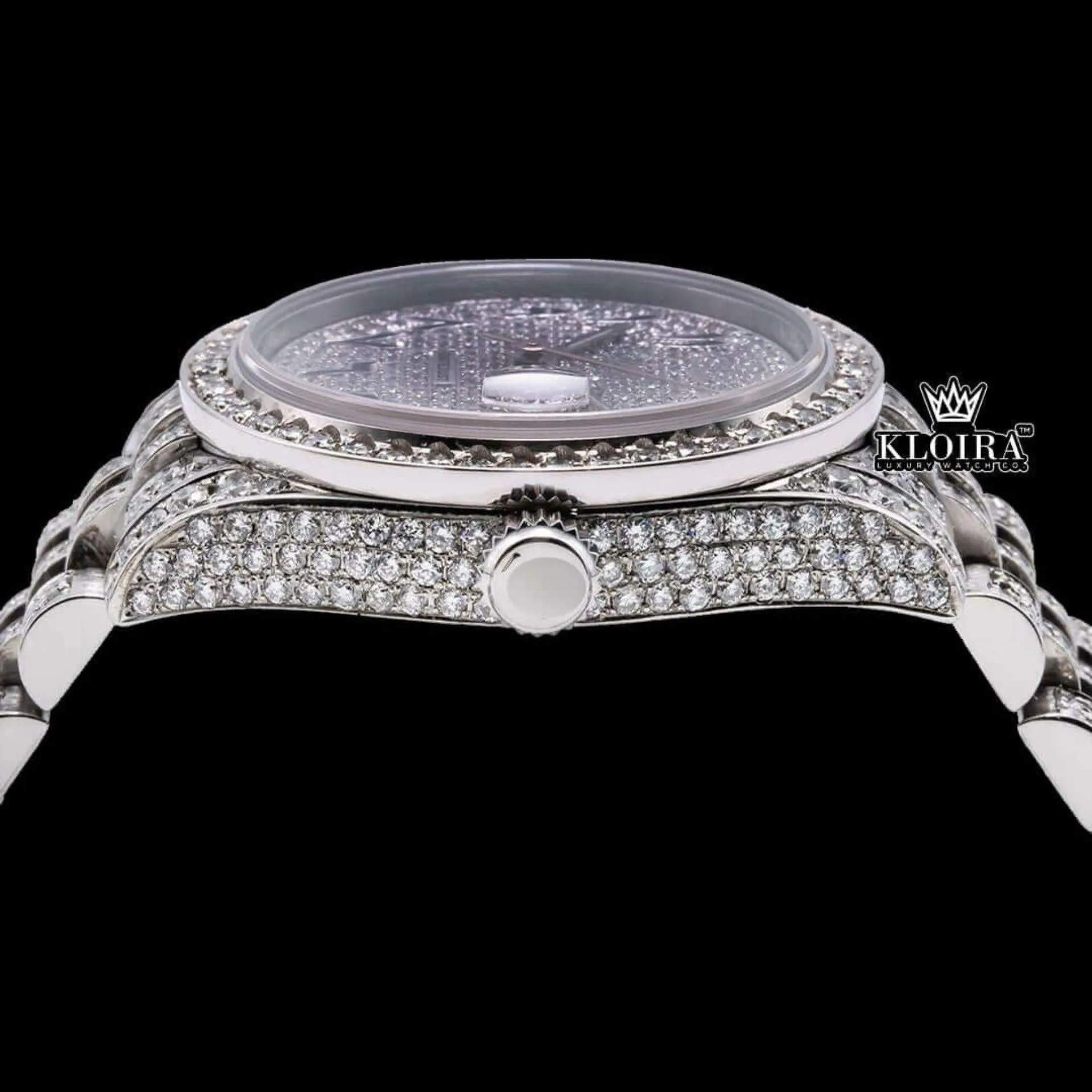 Black Arabic Numerals White Gold Iced Out Moissanite Diamond Watch Crown View