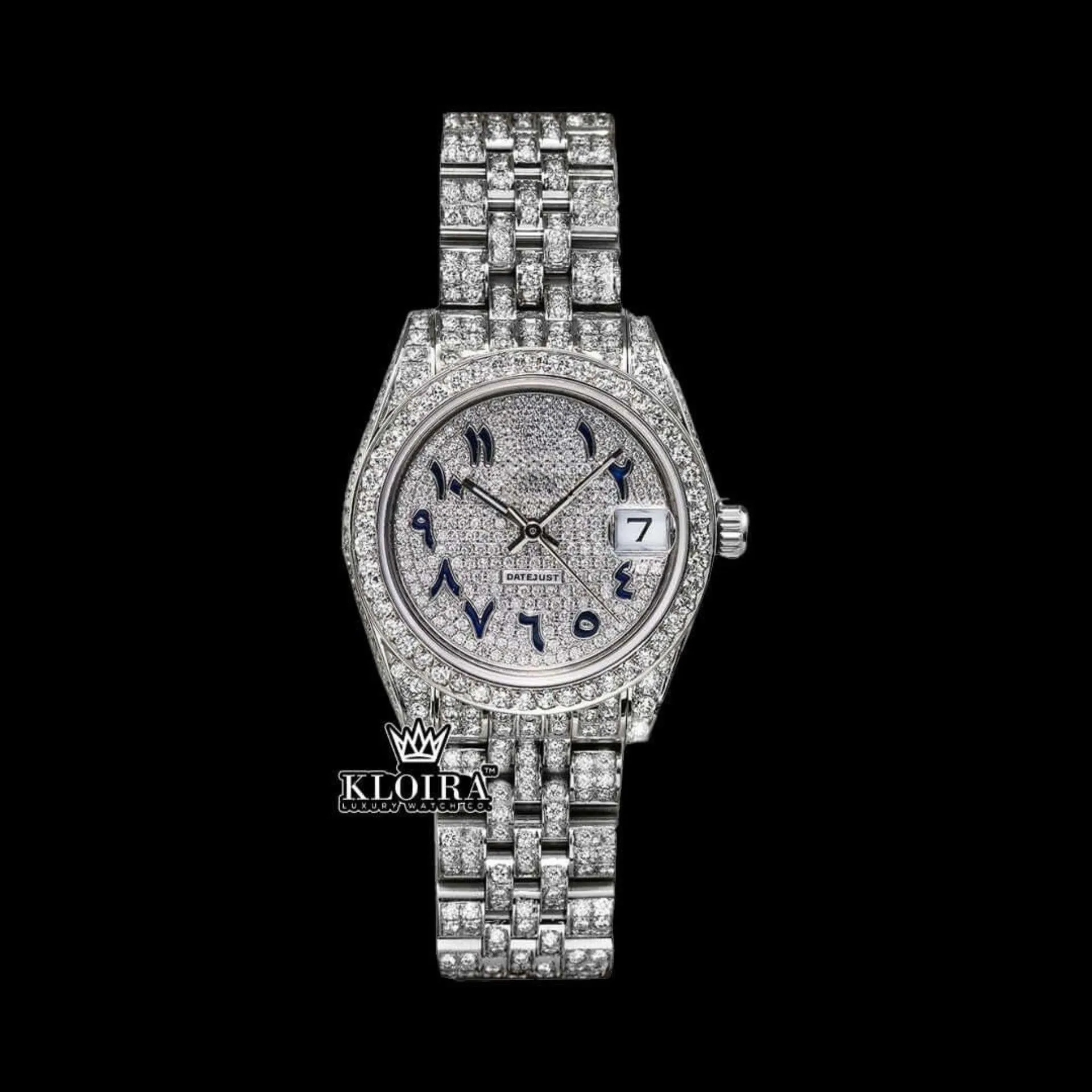 Roles Black Arabic Numerals White Gold Iced Out Moissanite Watch with sparkling details