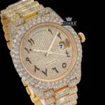 Black Arabic Numerals Yellow Dial Bust Down Moissanite Diamond Watch Close Up Dial View