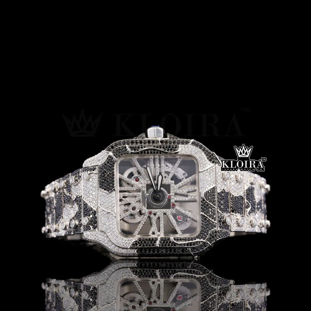 Cartior Santos Two Tone Moissanite Watch with Skeleton Dial and Black Camouflage Strap
