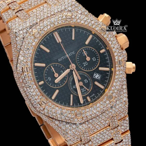 Black Chronograph Dial Fully Iced Out Rose Gold Lab Grown Diamond Watch Close Up Dial View