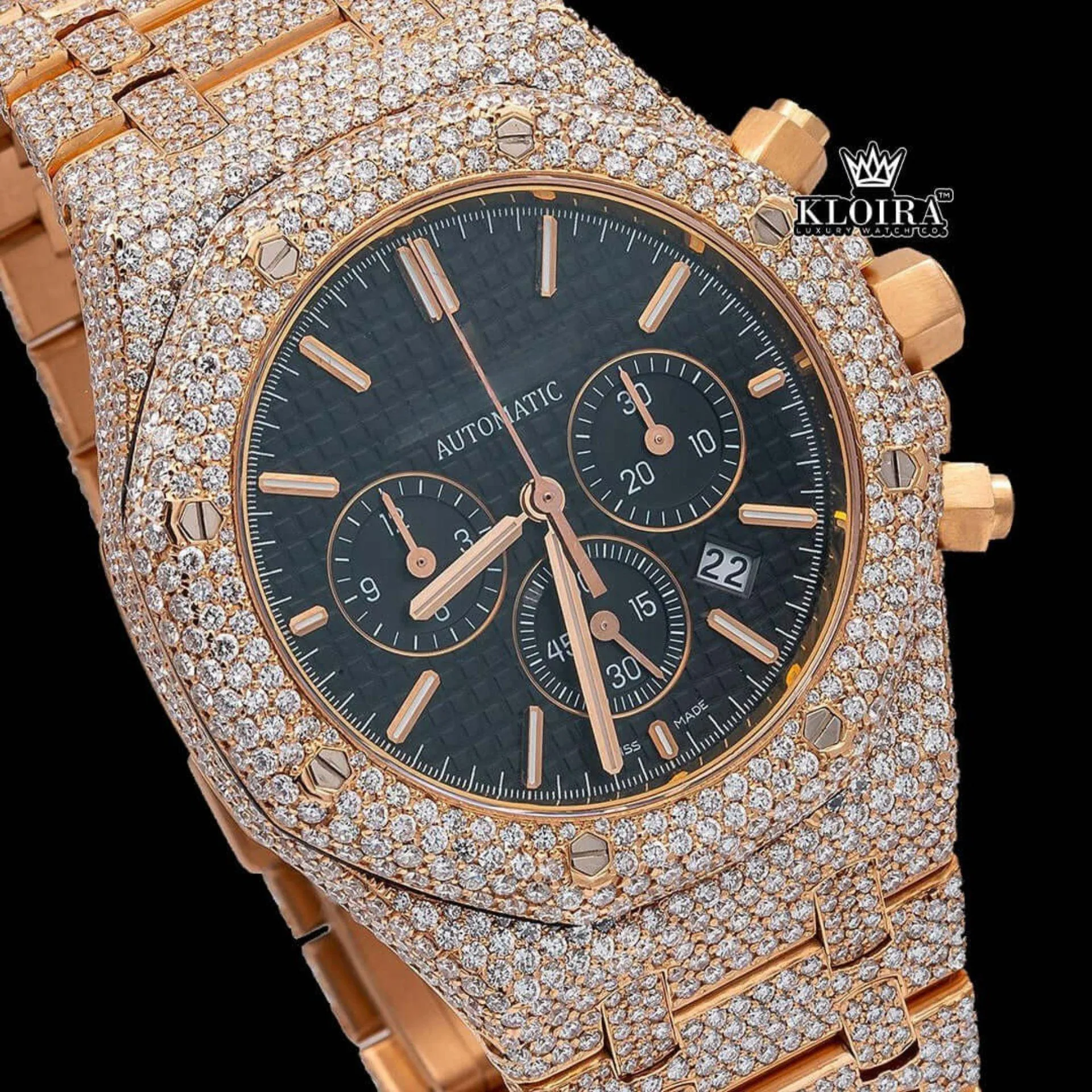 Black Chronograph Dial Fully Iced Out Rose Gold Lab Grown Diamond Watch Close Up Dial View