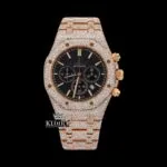 AP Royal Oak Chronograph Dial Fully Iced Out Rose Gold Watch with Black Dial