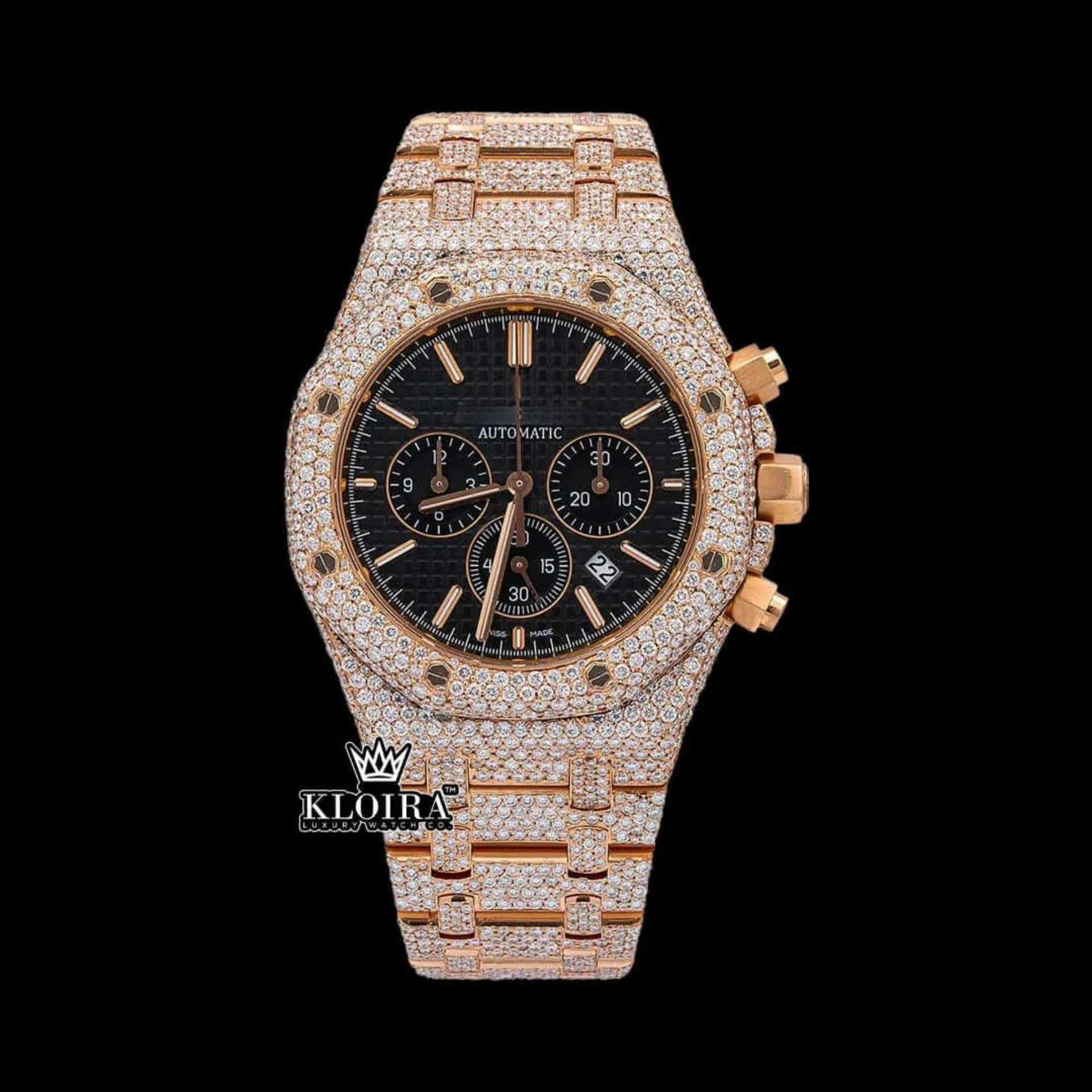 AP Royal Oak Chronograph Dial Fully Iced Out Rose Gold Watch with Black Dial
