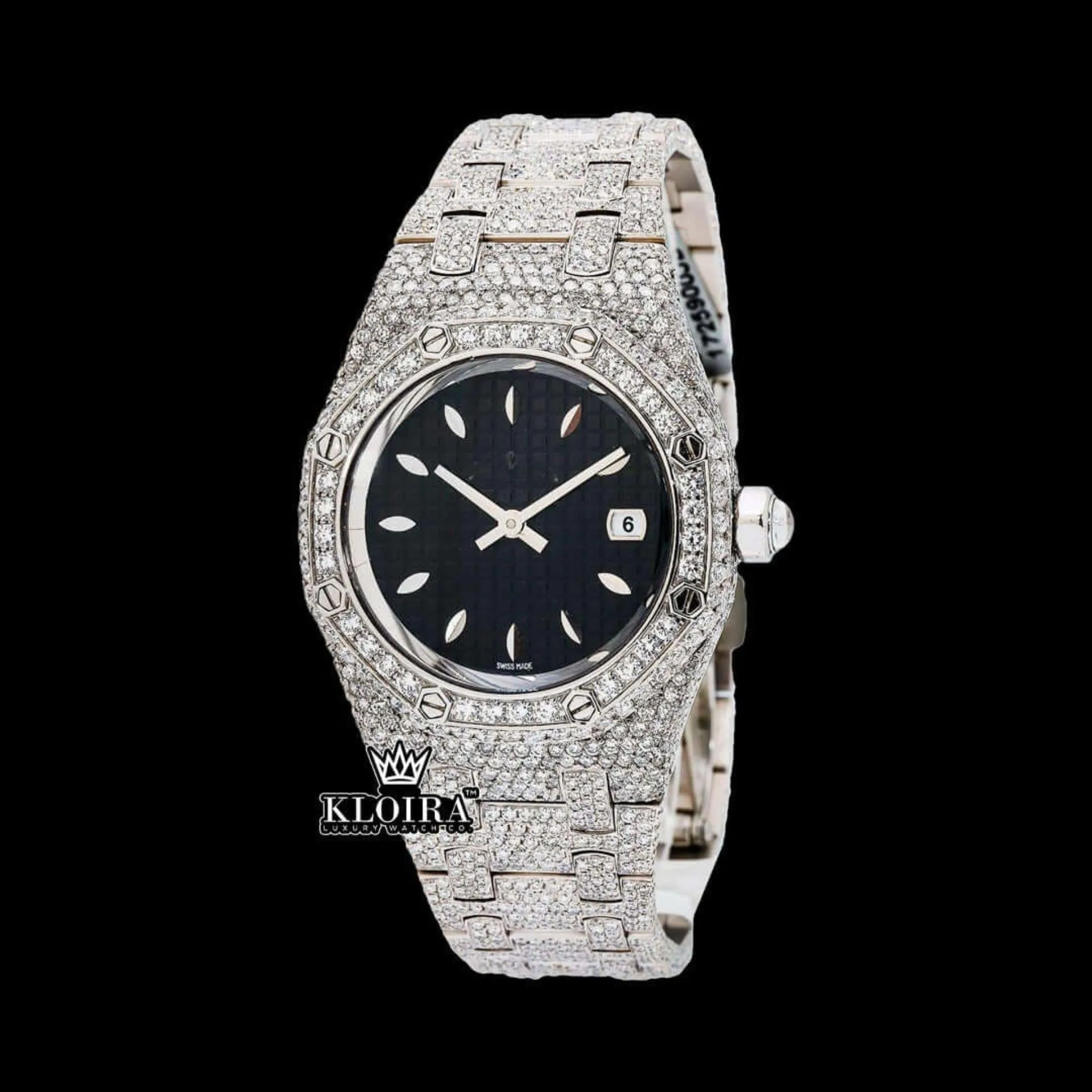 AP Royal Oak Fully Iced Out Moissanite Diamond Watch with Black Dial