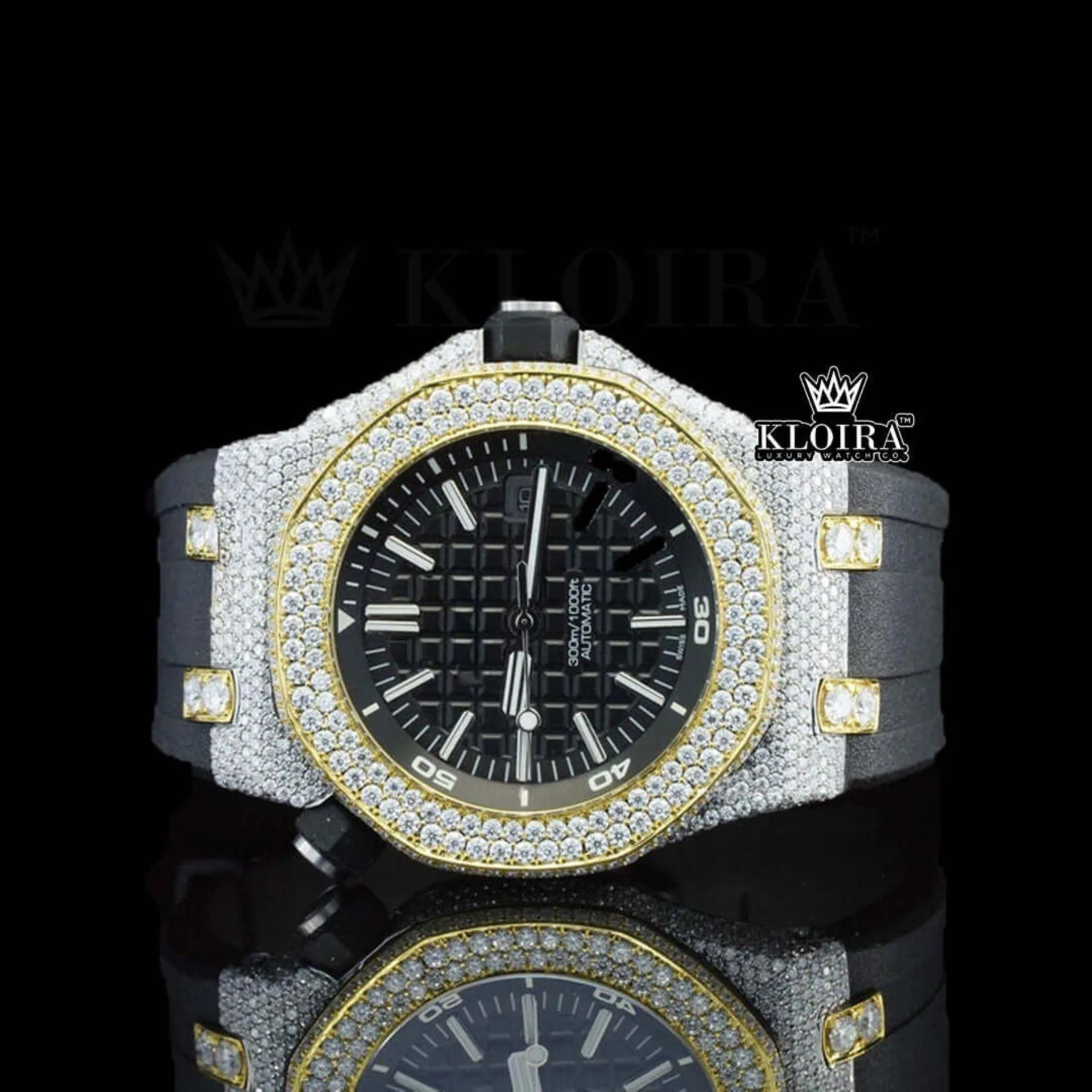 AP Royal Oak Offshore Semi Iced Out Moissanite Watch with Black Dial and White Stick Markers