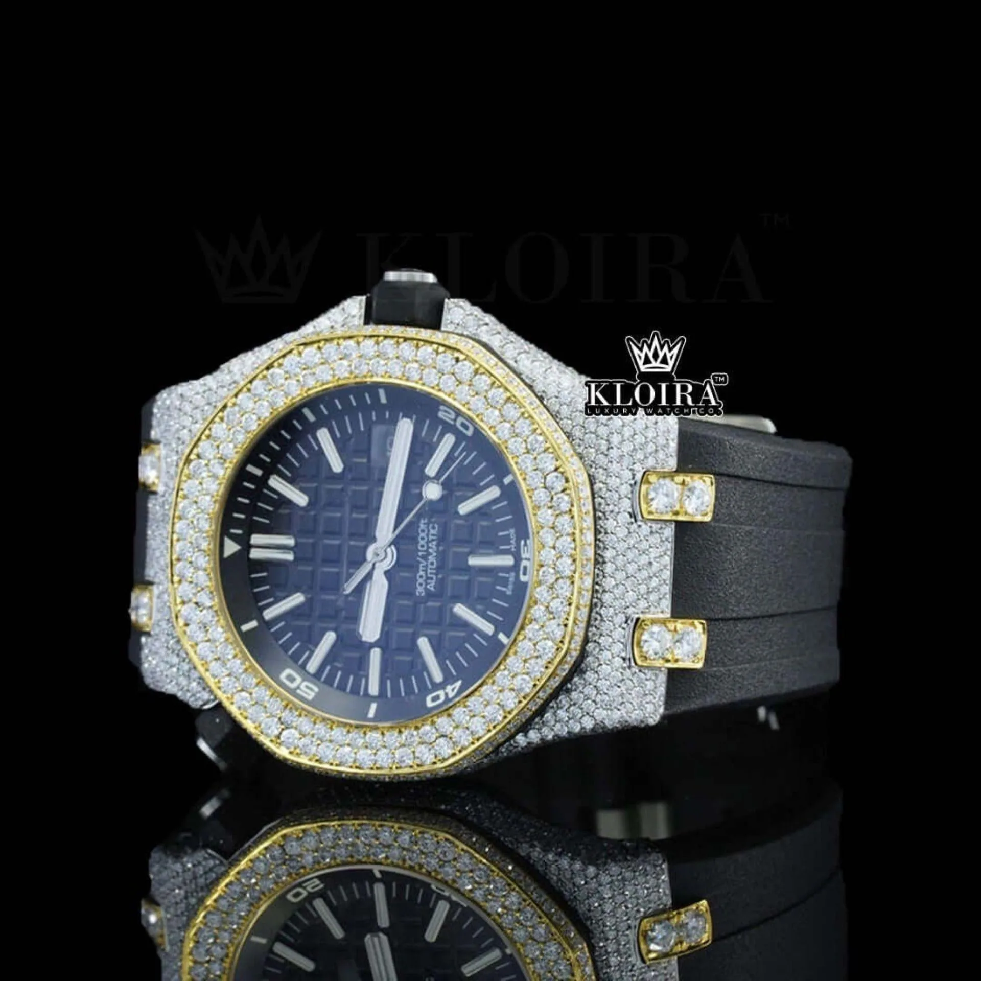 Black Dial AP White Stick Markers Semi Iced Out Moissanite Watch Left Profile View