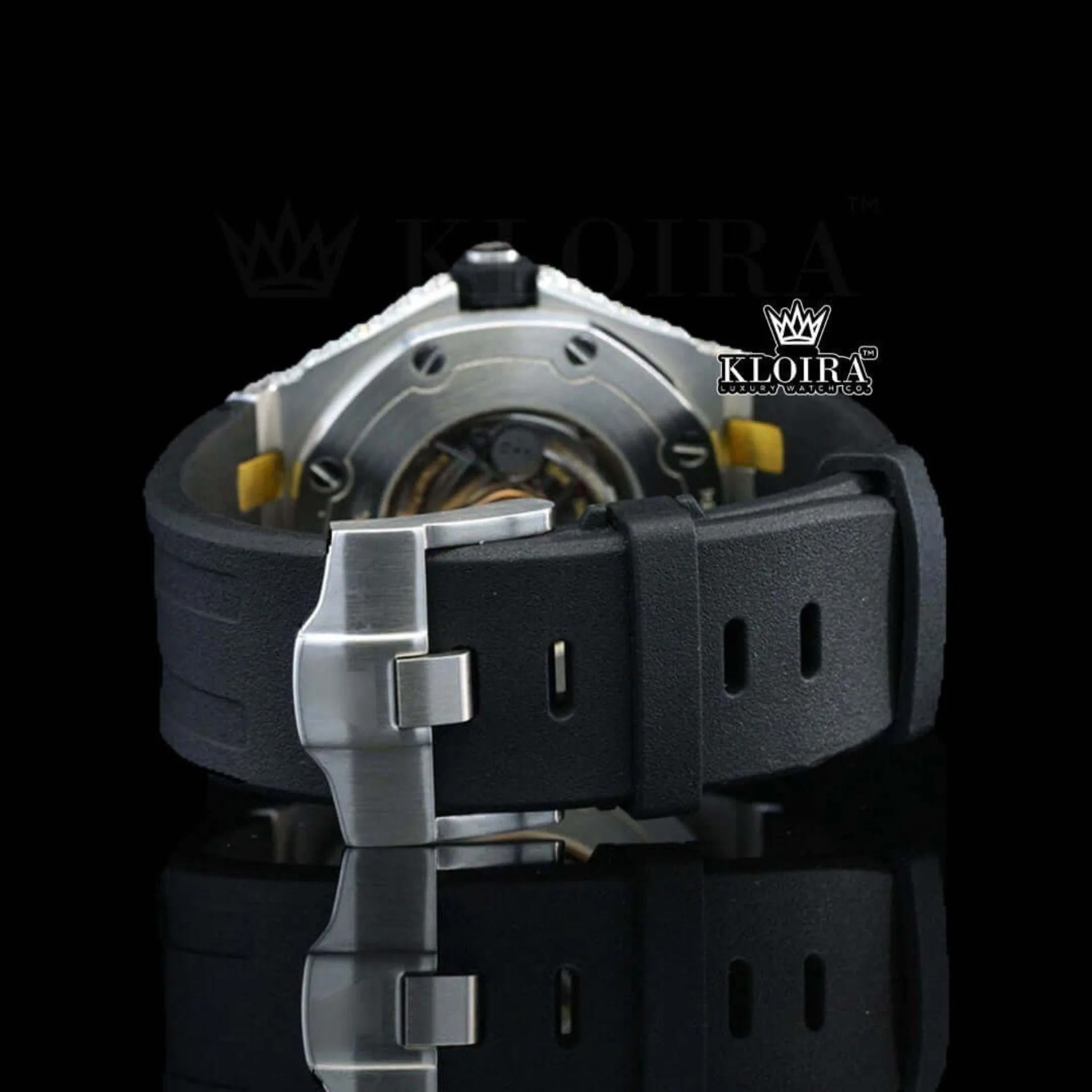 Black Dial AP White Stick Markers Semi Iced Out Moissanite Watch Strap View