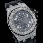 Black Dial Black Rubber Strap Semi Iced Out Moissanite Watch Close Up Dial View